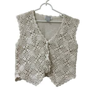 Margules Vtg Womens Sz Medium Cream White Crochet Knit Sweater Vest Boho Cottage